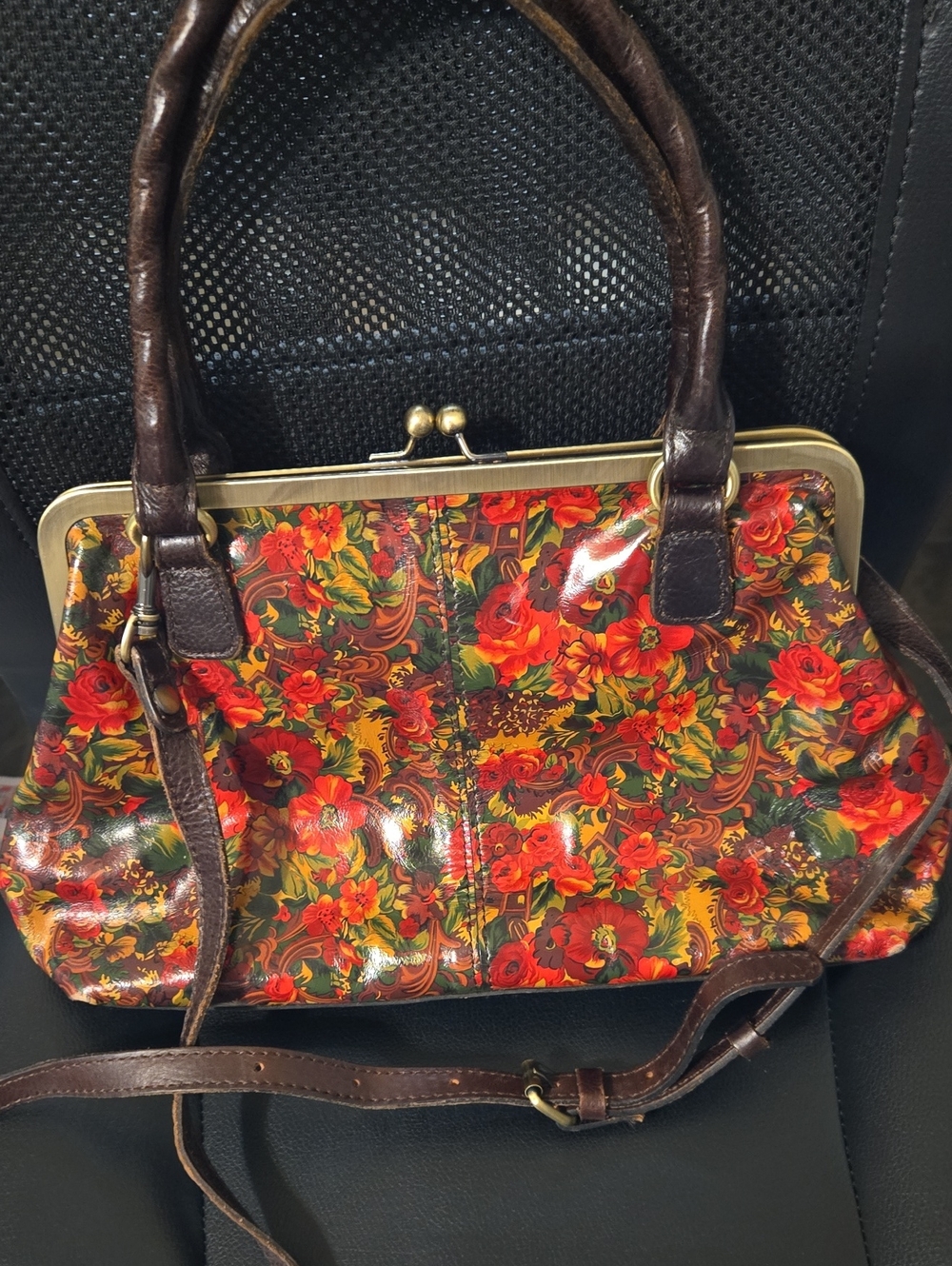 Vintage-Inspired Floral Frame Satchel Handbag - Brown & Red